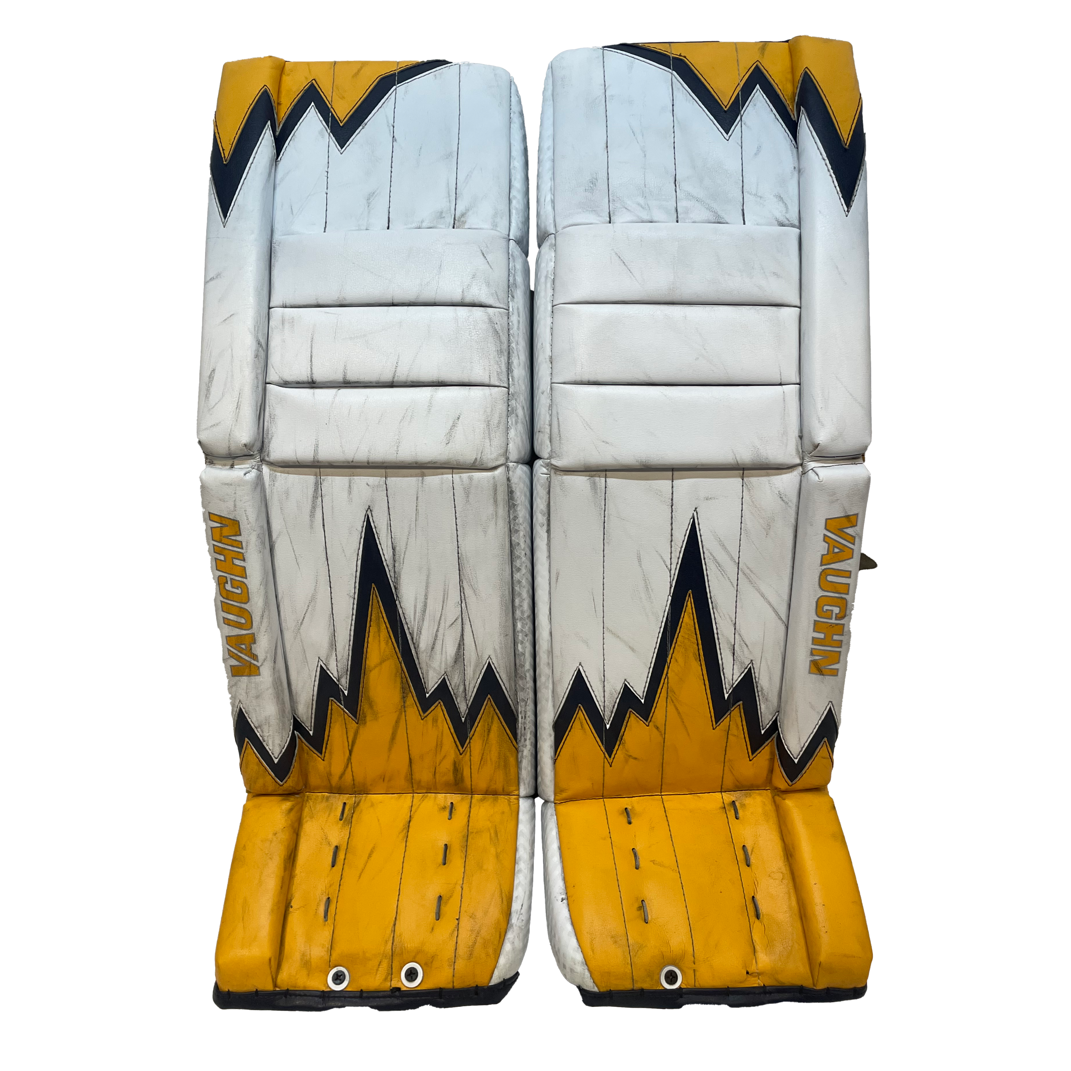 Vaughn Velocity V9 - Jambières de gardien senior Pro Stock d'occasion (blanc/jaune/bleu marine)